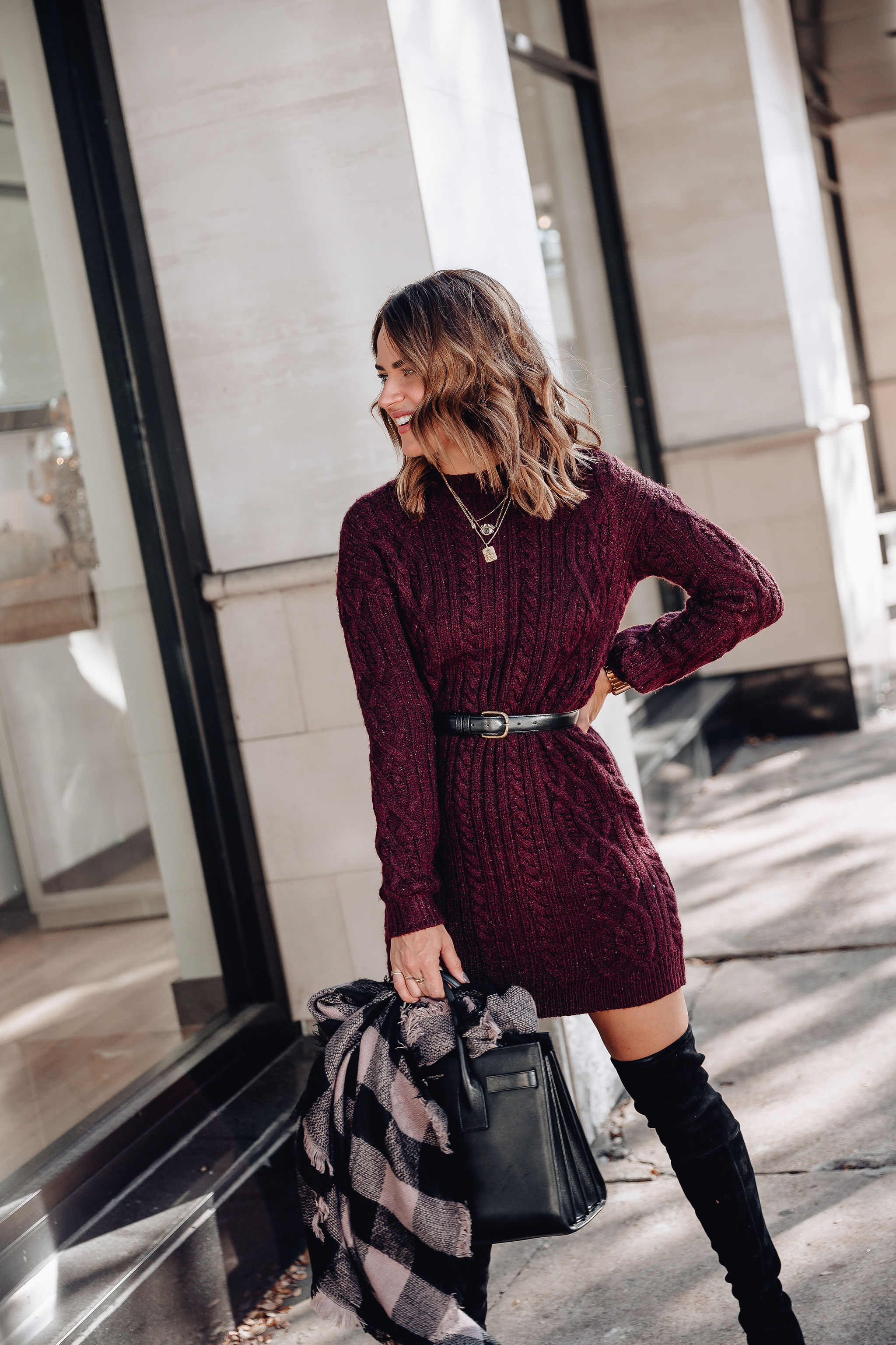 Work Wear: Grey Sweater Dress + Red OTK Boots — Welcome to