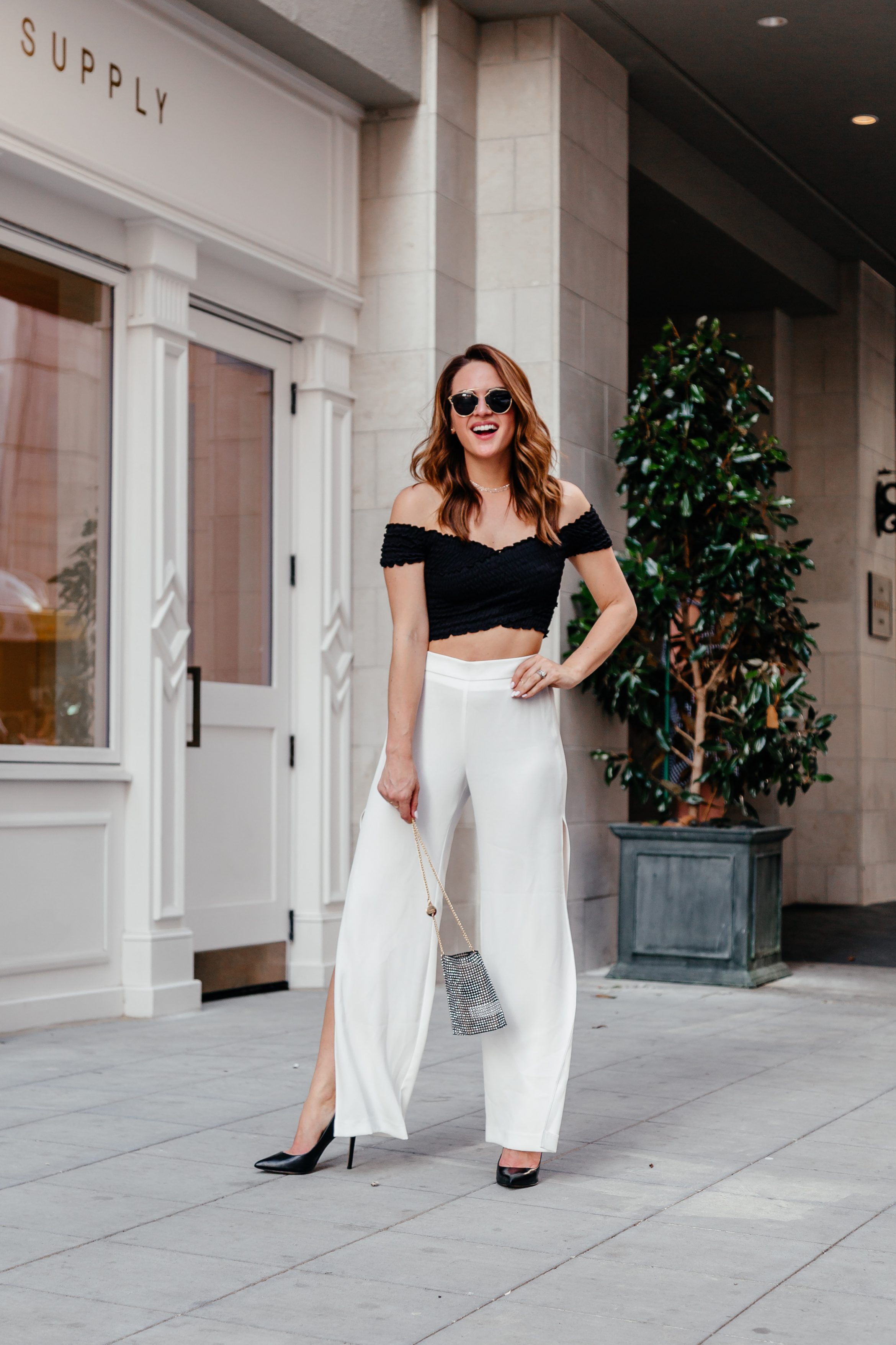 Off shoulder best sale and pants outfit