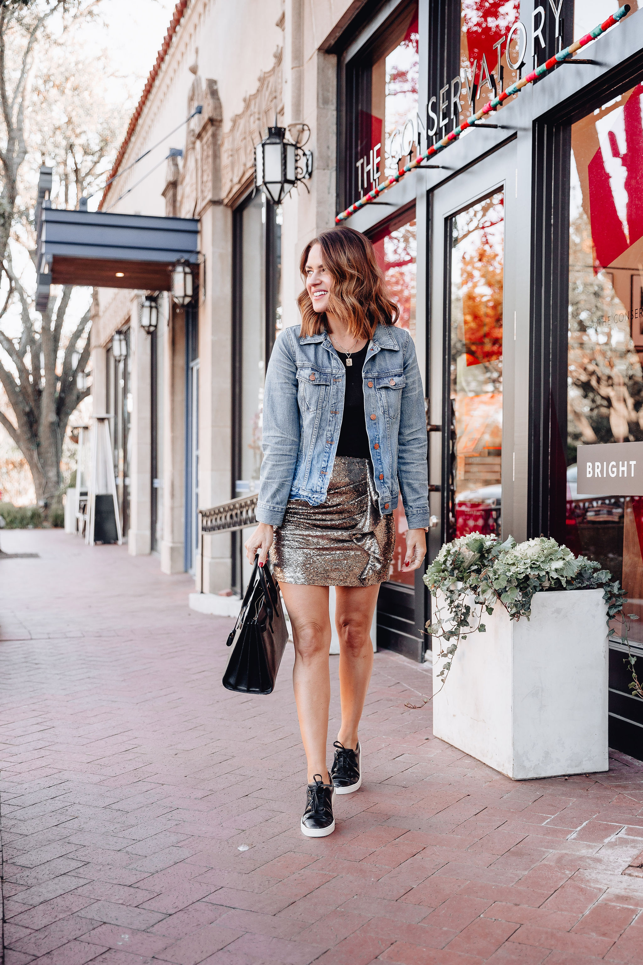 Sequin dress with denim on sale jacket